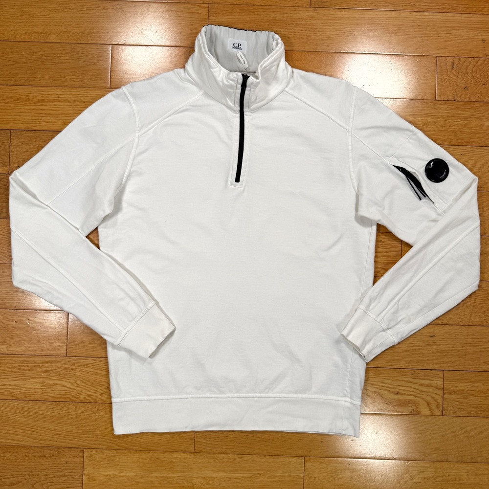 CP Company Mens Medium White Quarter Zip Lens Sleeve Sweatshirt Made in Italy